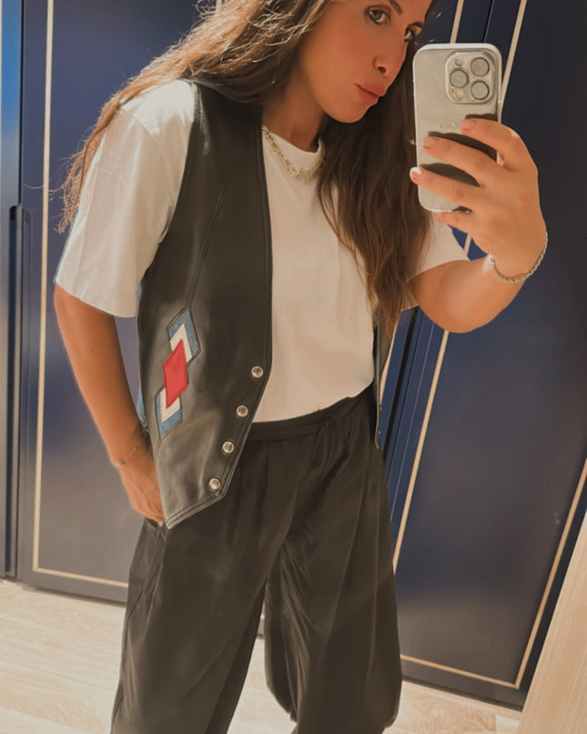 Veste sans manches en cuir et jean vintage – Taille unique