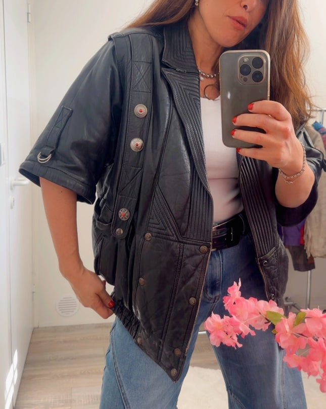 Blouson vintage en cuir 2 en 1 – manches amovibles