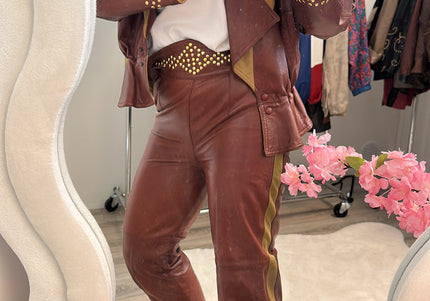 Pantalon vintage en cuir marron chocolat — Taille 36