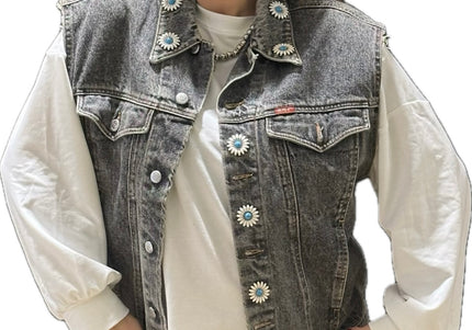Veste en jean sans manches vintage customisée – Gris délavé – Taille unique