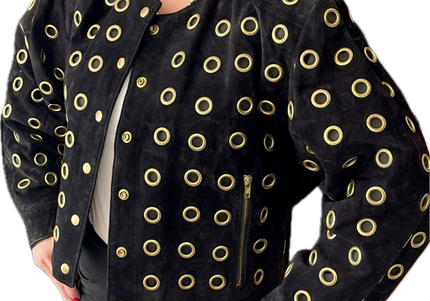 BLOUSON EN CUIR VINTAGE DAIM NOIR & ŒILLETS DORÉS