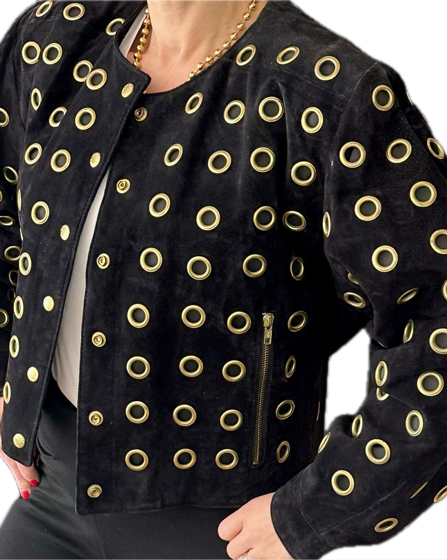 BLOUSON EN CUIR VINTAGE DAIM NOIR & ŒILLETS DORÉS