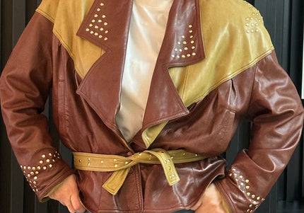 Veste vintage en cuir pistache & marron chocolat — Taille unique