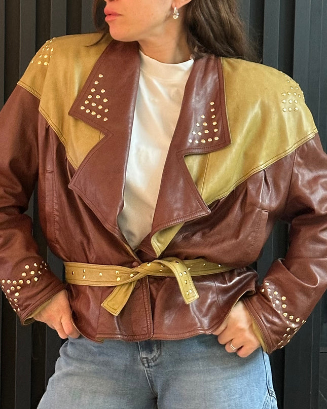 Veste vintage en cuir pistache & marron chocolat — Taille unique