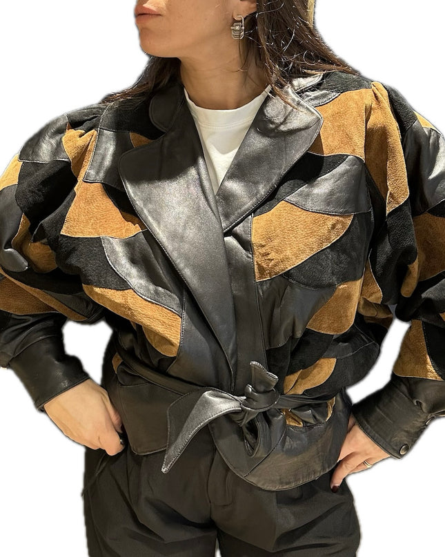 Blouson en cuir et daim vintage patchwork – Taille unique