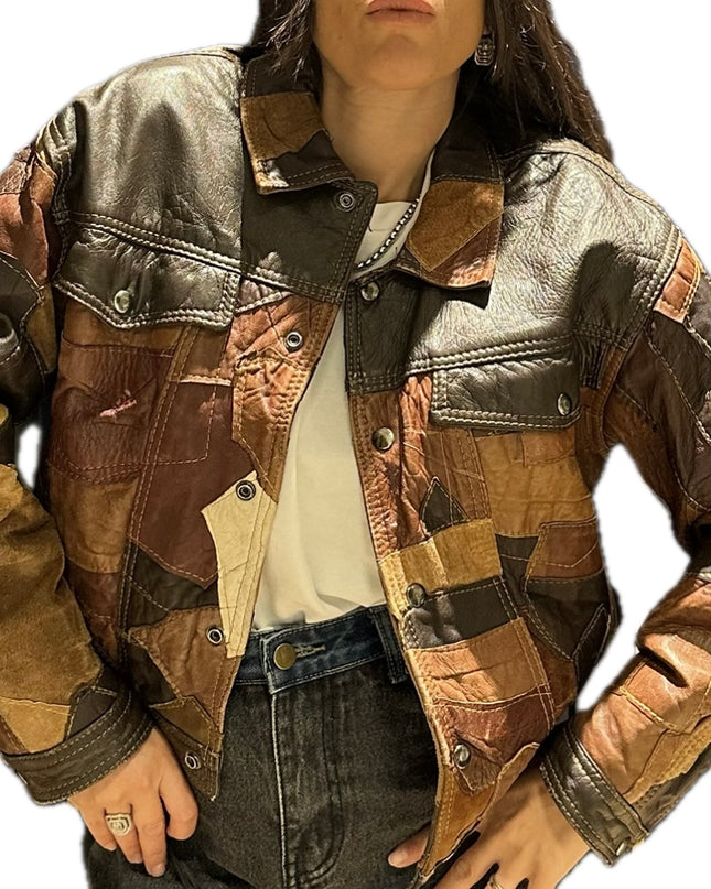 BLOUSON VINTAGE PATCHWORK CUIR MARRON