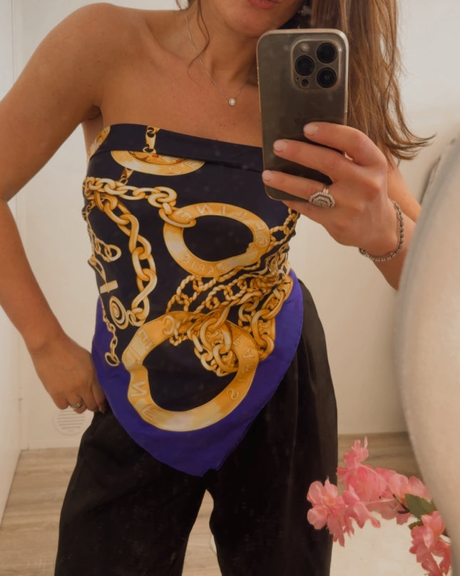 Foulard vintage Céline – motif chaînes & ceintures