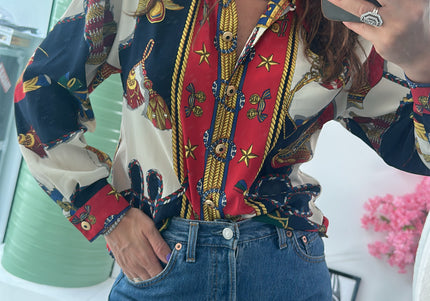 Chemise fluide vintage motif géométrique & zébré – taille M