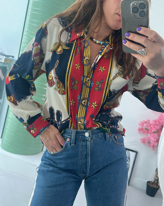 Chemise fluide vintage motif géométrique & zébré – taille M