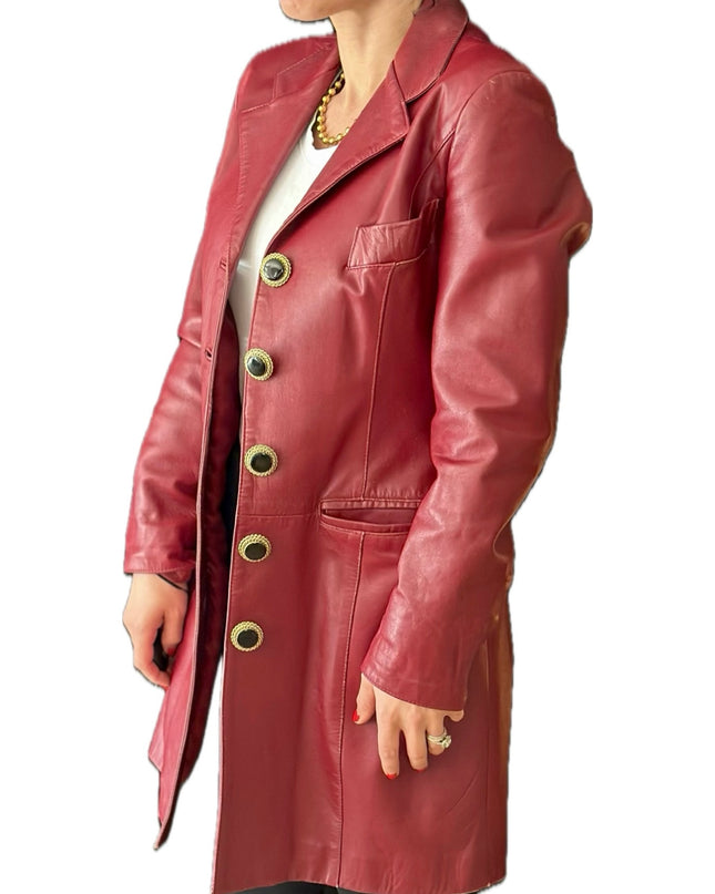 VESTE LONGUE EN CUIR ROUGE-BORDEAUX