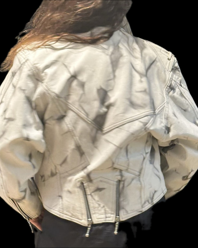 Blouson en cuir vintage tie & dye noir et blanc – Taille unique