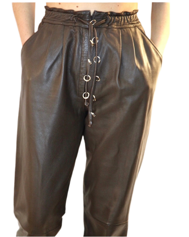 PANTALON EN CUIR VINTAGE MARRON ANNEAUX