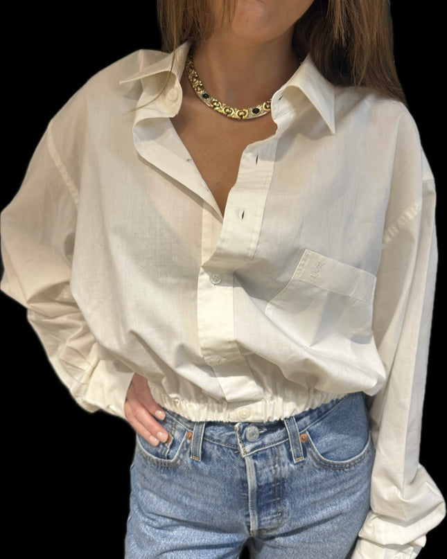 Chemisier vintage Yves Saint Laurent – Blanc – Taille Unique – Customisé à la taille
