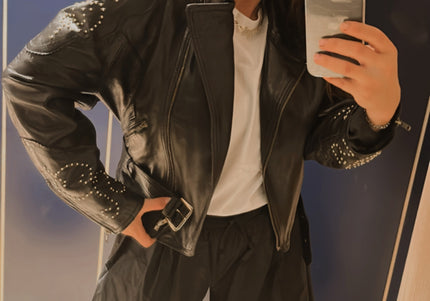 Blouson en cuir vintage clouté – Taille unique