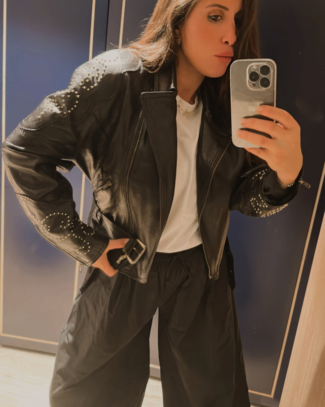 Blouson en cuir vintage clouté – Taille unique