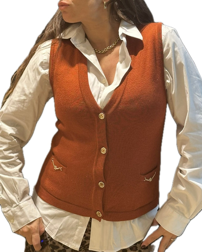 Gilet sans manches CELINE vintage – Laine rouge brique T-36