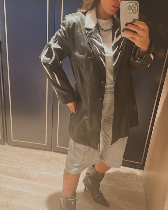 Veste vintage en cuir noir et blanc – Imprimé ZÈBRE – Taille unique