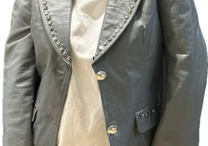 Blazer en cuir gris perlé vintage à strass – Taille unique
