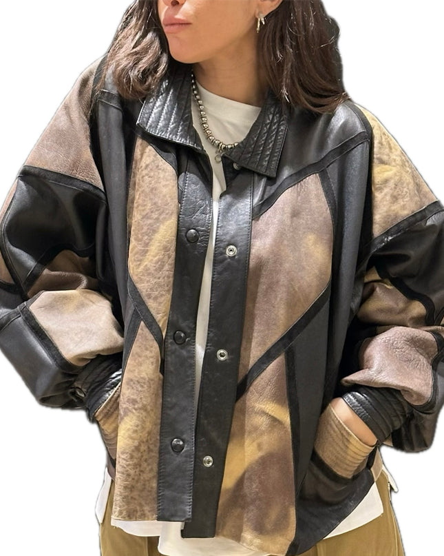 Veste vintage en cuir patchwork – Marron, moutarde et noir – Taille unique