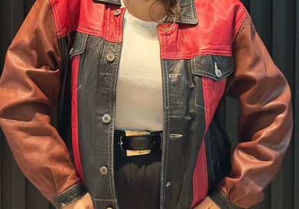 Veste en cuir patchwork vintage – bordeaux, noir & rouge