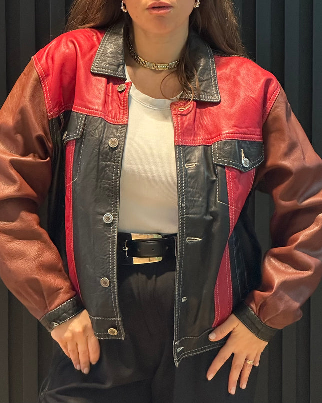 Veste en cuir patchwork vintage – bordeaux, noir & rouge