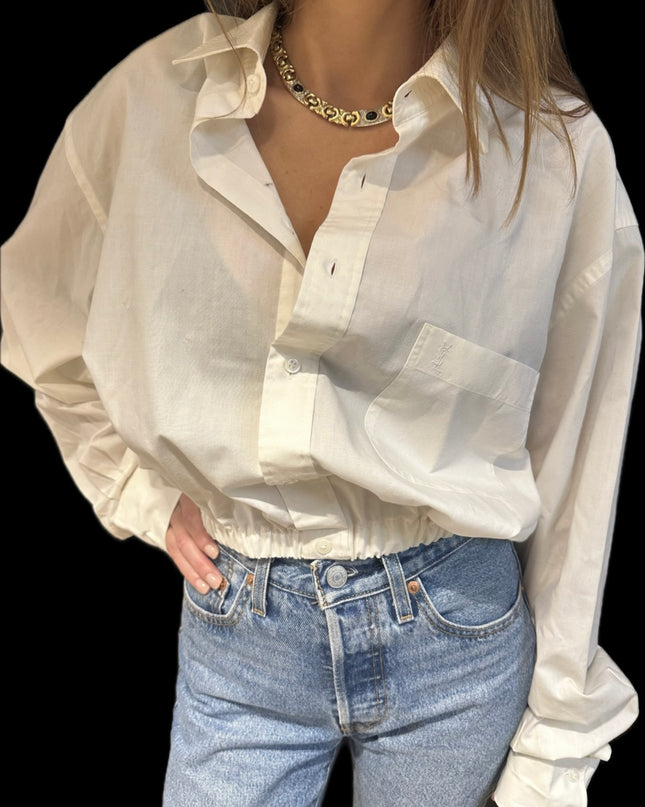 Chemisier vintage Yves Saint Laurent – Blanc – Taille Unique – Customisé à la taille