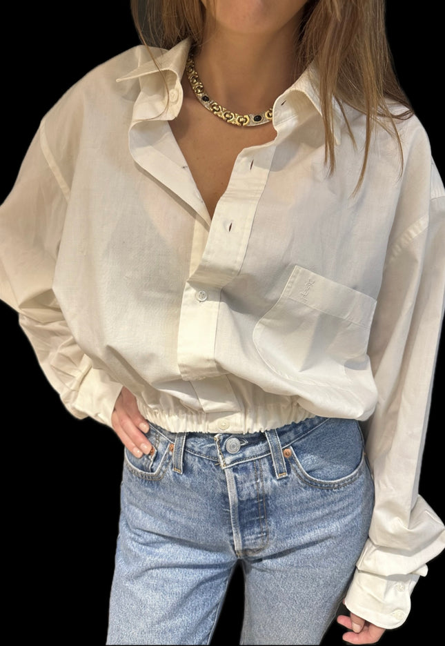 Chemisier vintage Yves Saint Laurent – Blanc – Taille Unique – Customisé à la taille