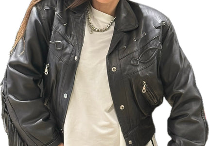 Blouson vintage en cuir à franges – Taille unique