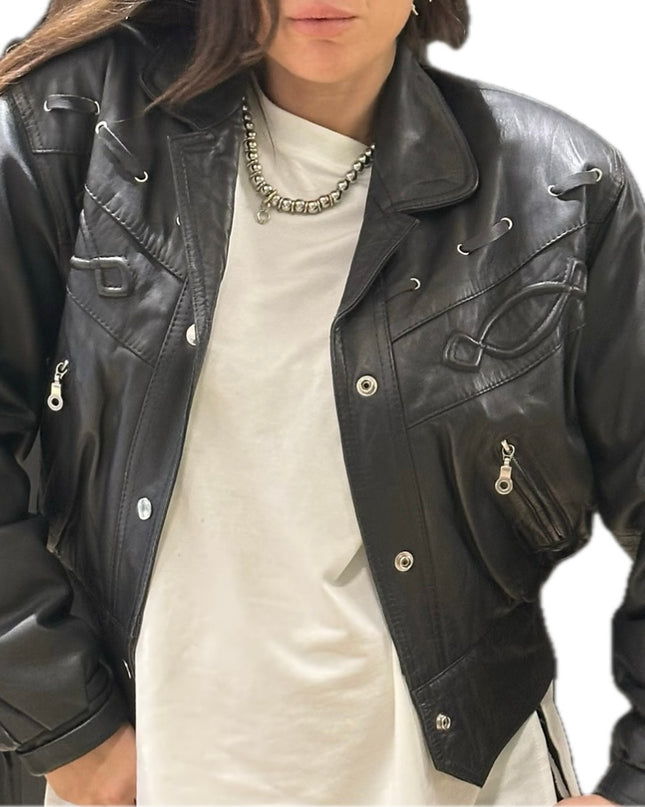 Blouson vintage en cuir à franges – Taille unique