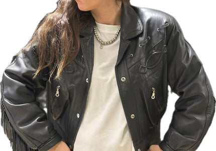 Blouson vintage en cuir à franges – Taille unique