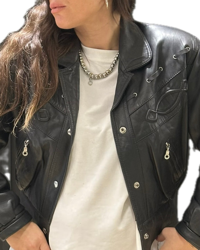 Blouson vintage en cuir à franges – Taille unique