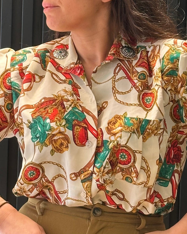 Chemisier crop top vintage customisé – épaules structurées – pièce unique