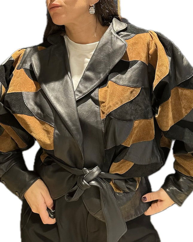 Blouson en cuir et daim vintage patchwork – Taille unique