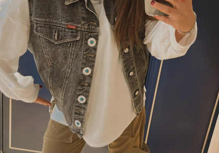 Veste en jean sans manches vintage customisée – Gris délavé – Taille unique