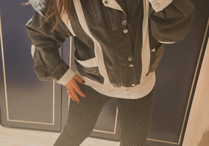 Blouson vintage en cuir noir et blanc – Taille unique