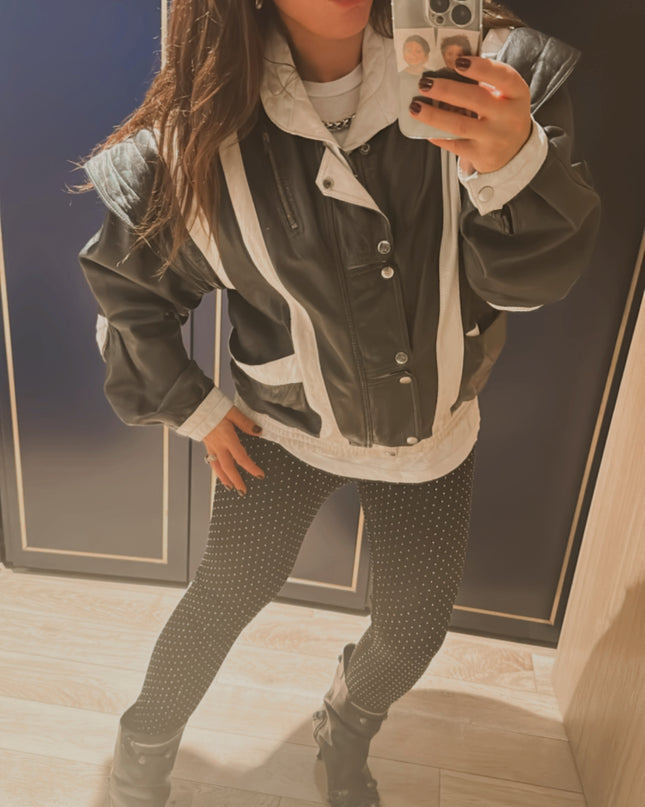 Blouson vintage en cuir noir et blanc – Taille unique