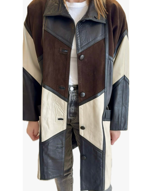 Manteau patchwork écru, marron & noir – Rancœur Vintage (Taille Unique)
