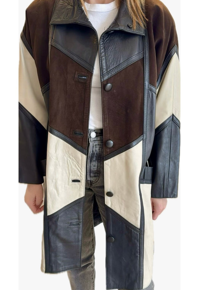 Manteau patchwork écru, marron & noir – Rancœur Vintage (Taille Unique)
