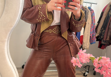 Pantalon vintage en cuir marron chocolat — Taille 36