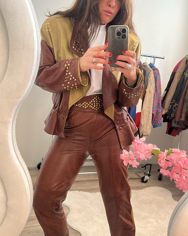 Pantalon vintage en cuir marron chocolat — Taille 36