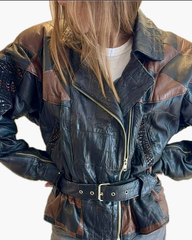 Blouson en cuir vintage – Patchwork marron & noir, ceinturé à la taille (Taille Unique)
