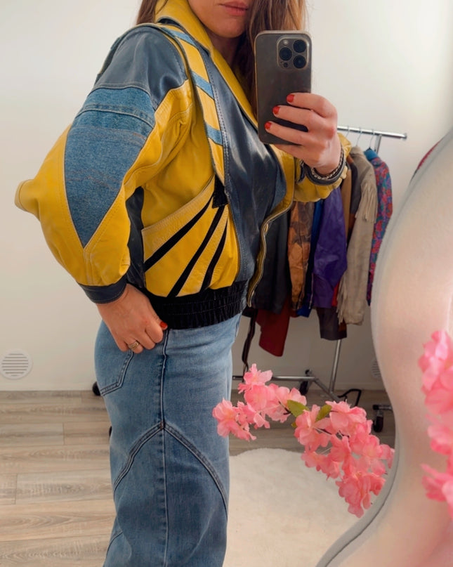 Blouson vintage en cuir multicolore – pièce unique