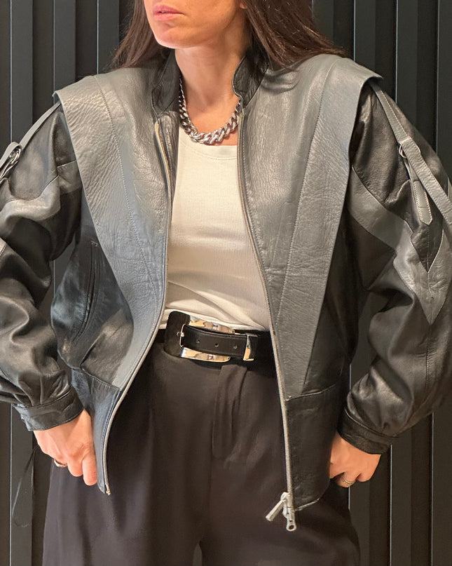 Veste en cuir vintage bicolore – zip – esprit veste sans manches –️– pièce unique