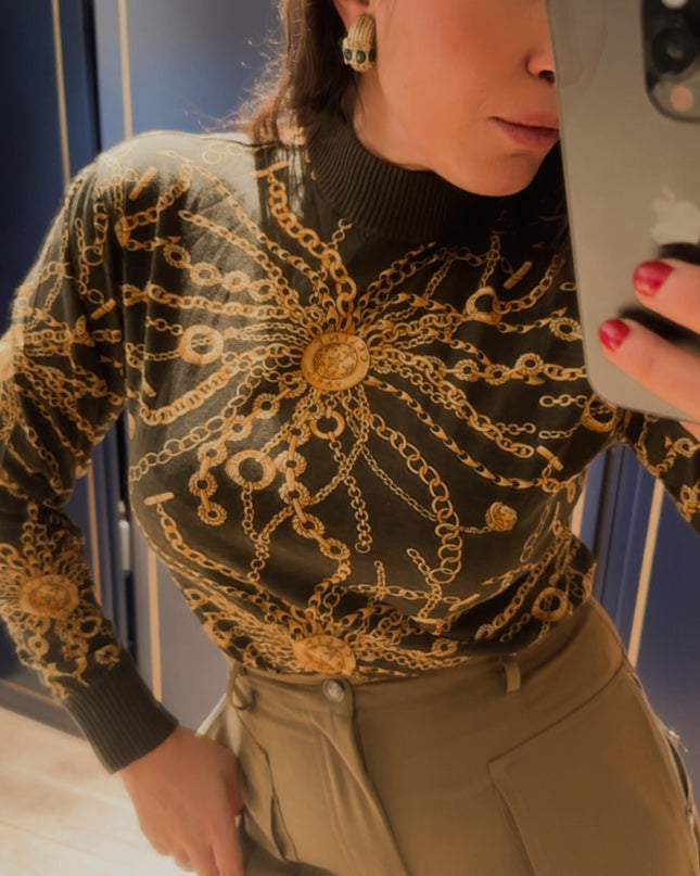 Pull en laine Céline vintage – motif chaînes iconique – pièce rare