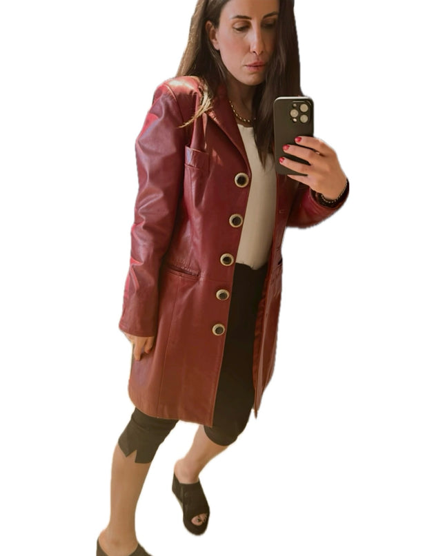 VESTE LONGUE EN CUIR ROUGE-BORDEAUX