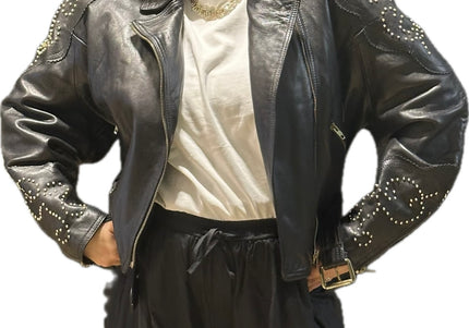 Blouson en cuir vintage clouté – Taille unique