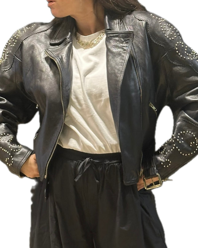 Blouson en cuir vintage clouté – Taille unique