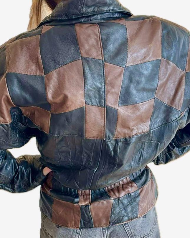 Blouson en cuir vintage – Patchwork marron & noir, ceinturé à la taille (Taille Unique)