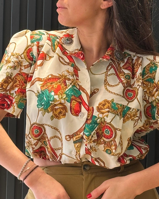 Chemisier crop top vintage customisé – épaules structurées – pièce unique