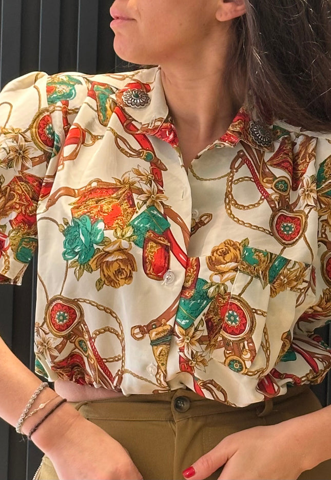 Chemisier crop top vintage customisé – épaules structurées – pièce unique